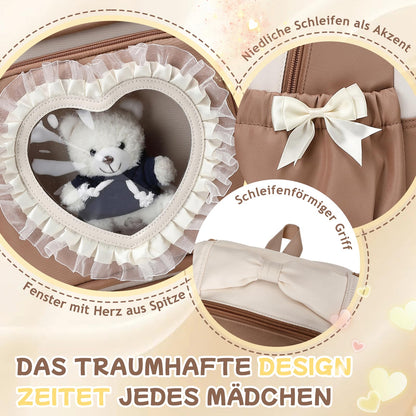 Schulrucksack Mädchen Herzdesign 22L mit Gepäckgurt für Schule | Spitze & Schleifendetails, Ergonomische 3D-Rückenpolsterung, wasserabweisendes Polyester, zahlreiche getrennte Fächer