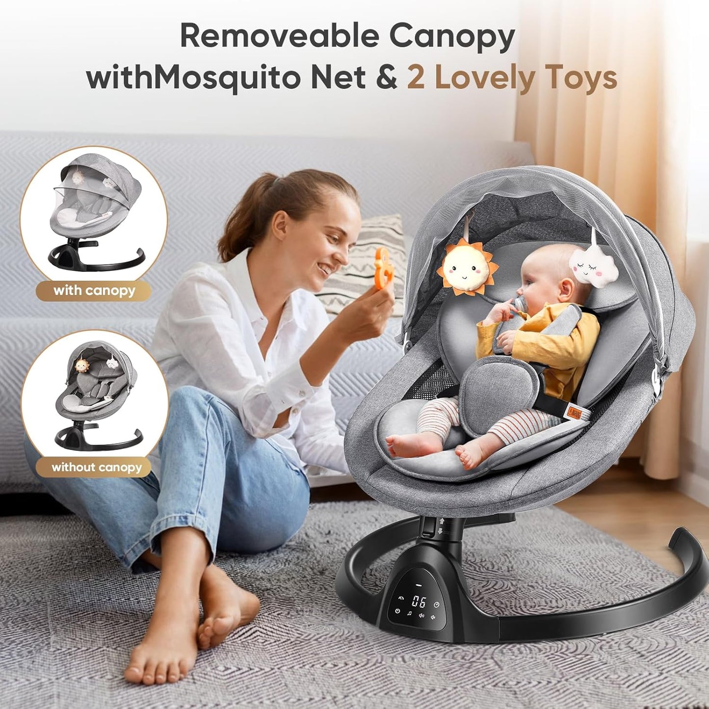Kiloston Elektrische Wippe Baby - Babyschaukel Elektrisch mit APP- und Bluetooth-Steuerung, 5-Punkt-Sicherheitsgurt, 5 Geschwindigkeiten und Fernbedienung - Tragbare Babywippe Neugeborene