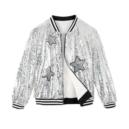 LOLANTA Girls Sequin Bomber Jacket with Pockets Zipper Long Sleeve Glitter Baseball Jackets for Kids 4-13 Years 