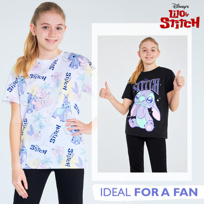 Disney Stitch T Shirt Mädchen Teenagers mit Rundhalsausschnitt 2er Pack Farbenfrohe T-Shirt Kinder Set Geschenke für Mädchen