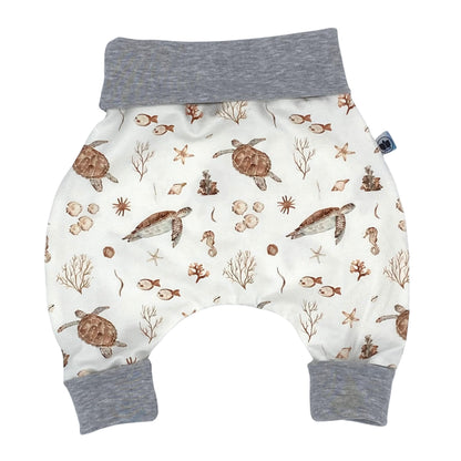 Handmade Baby Baggy Trousers, Handmade Cotton Jersey Grows with Your Gown, Sizes 50-74, 68-86, 92-104, Fairly Produced in Germany (Sea Creatures, 50-74)