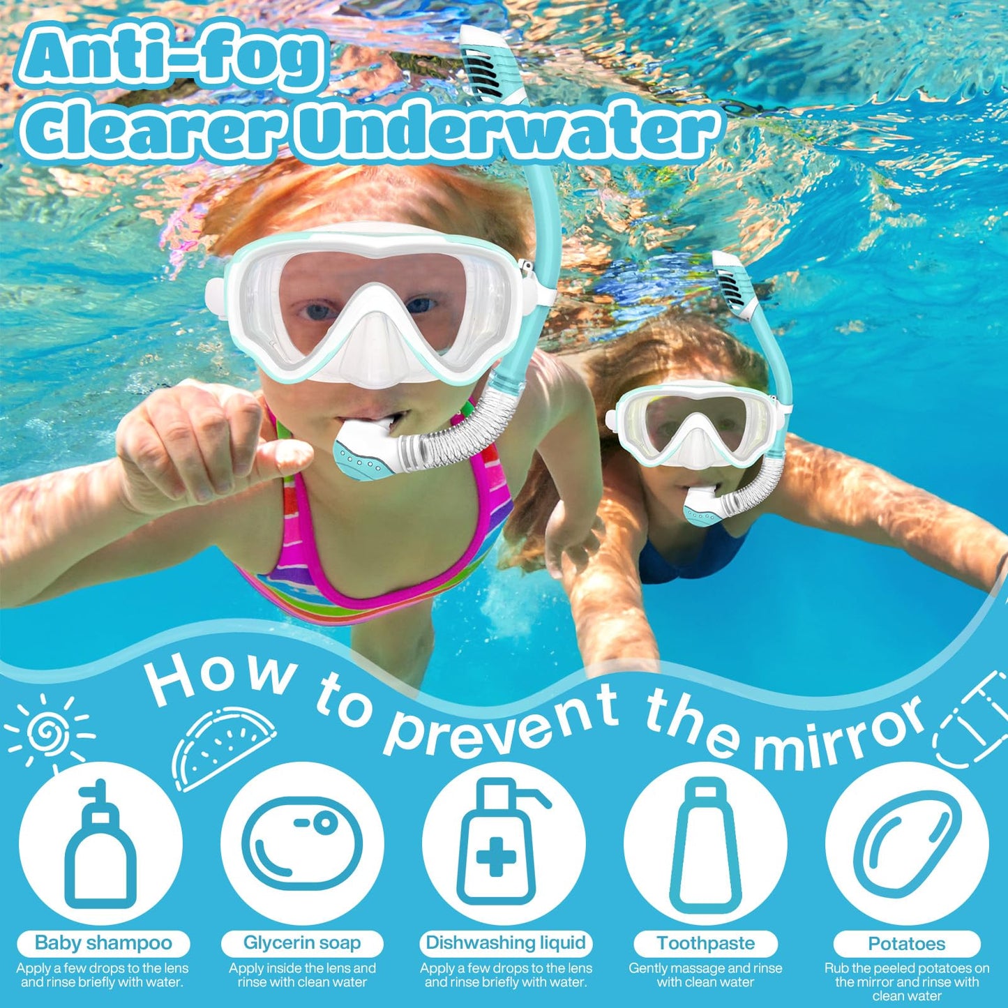 NLMWTI Children's Snorkel Set with 180° Panorama HD Vision, Anti-Fog & Anti-Leakage, Durable Safety Glass, Adjustable Side Straps