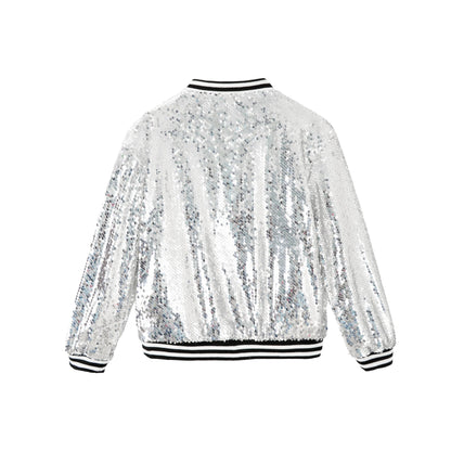 LOLANTA Girls Sequin Bomber Jacket with Pockets Zipper Long Sleeve Glitter Baseball Jackets for Kids 4-13 Years 