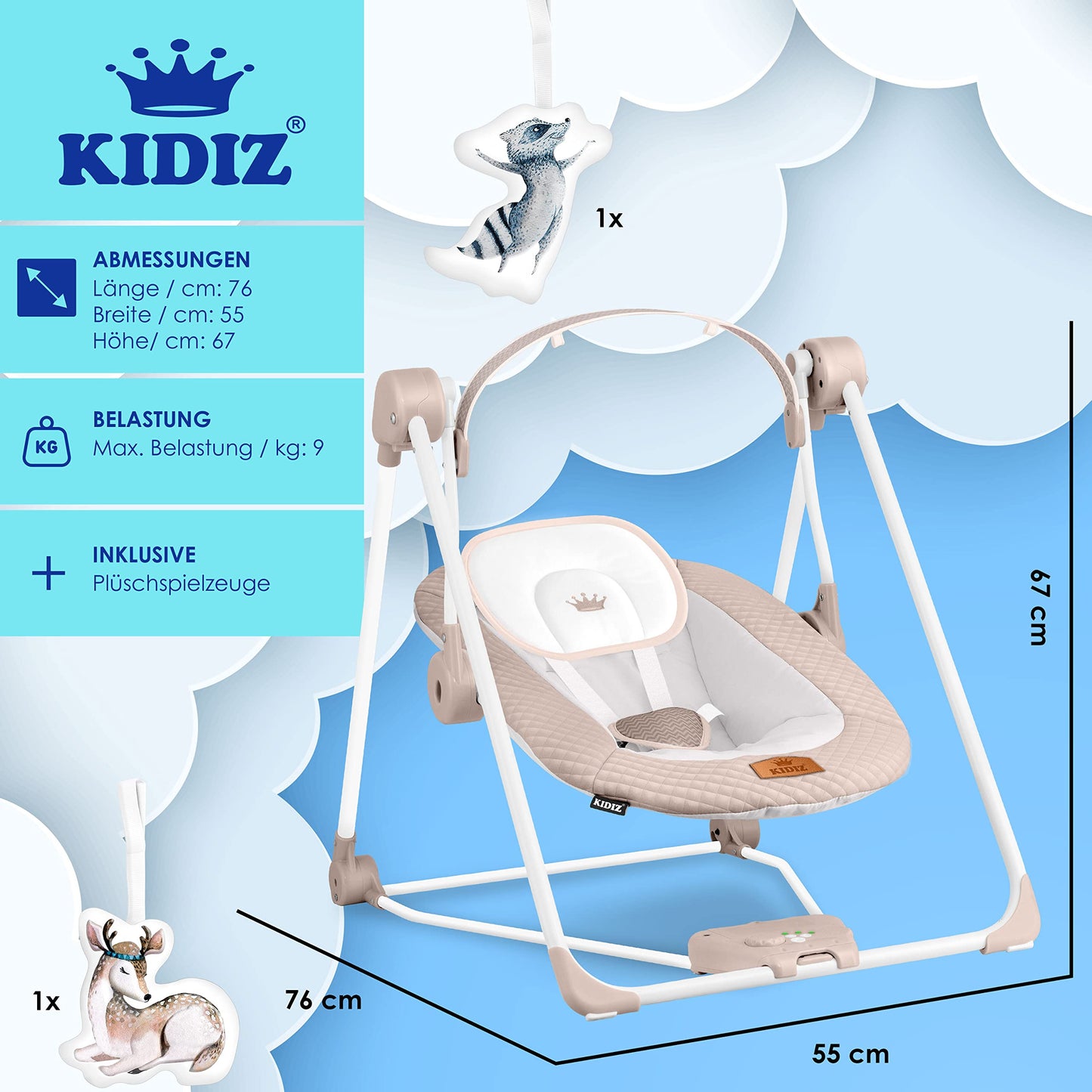 KIDIZ® Baby Rocker Baby Swing with 5 Speed Settings Foldable Baby Rocker Swing Baby High Chair with Play Arch Toys 5 Soothing Natural Sounds Newborn Anthracite