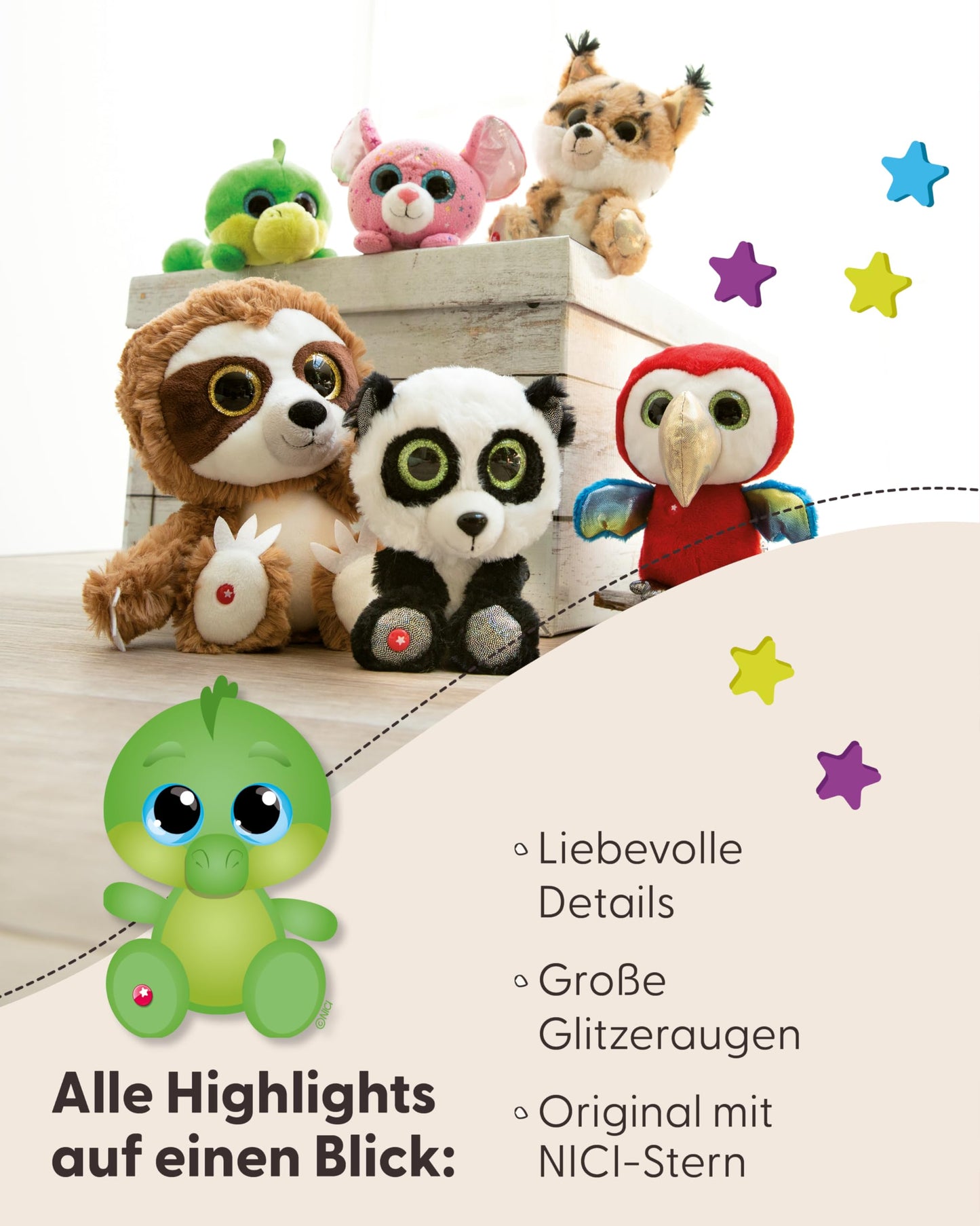 NICI GLUBSCHIS Lynx Lenzo 15cm - Dangling cuddly toy lynx with big glittery eyes - 49295 