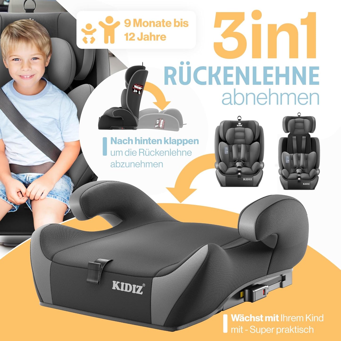 Autokindersitz mit Isofix i-Size R129 100-150cm bis 12 Jahre, Kinderautositz Gruppe 1/2/3, mitwachsender Kindersitz, 5-Punkt-Gurt & höhenverstellbare Kopfstütze, Sitzerhöhung Auto, Schwarz