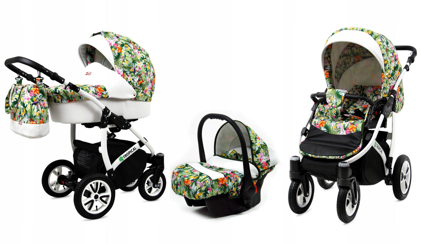 BabyLux® Bambimo Pushchair Set 3 in 1 - Tropical - incl. Baby Carrycot, Buggy Sports Seat, Car Seat - Pram Set - Combination Pram with Changing Bag, Rain Cover etc.