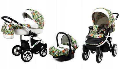 BabyLux® Bambimo Pushchair Set 3 in 1 - Tropical - incl. Baby Carrycot, Buggy Sports Seat, Car Seat - Pram Set - Combination Pram with Changing Bag, Rain Cover etc.