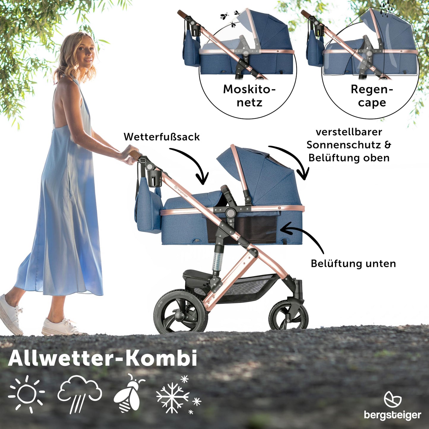 Bergsteiger Nizza 3 in 1 Kinderwagen, Kombikinderwagen Komplettset, Auto-Babyschale & Isofix Station, Babywanne & Buggy Sportsitz inklusive