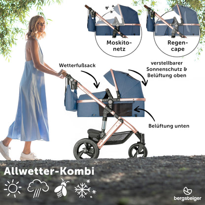 Bergsteiger Nizza 3 in 1 Kinderwagen, Kombikinderwagen Komplettset, Auto-Babyschale & Isofix Station, Babywanne & Buggy Sportsitz inklusive
