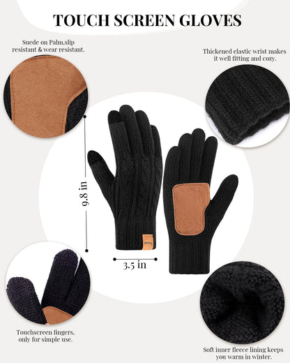 Winuesa Mütze, Schal & Handschuh-Sets für Damen, Beanie Mütze Damen Winter mit Bommel Fleece Gefütterte, Touchscreen Handschuhe Schal Cap 3 in 1 Set