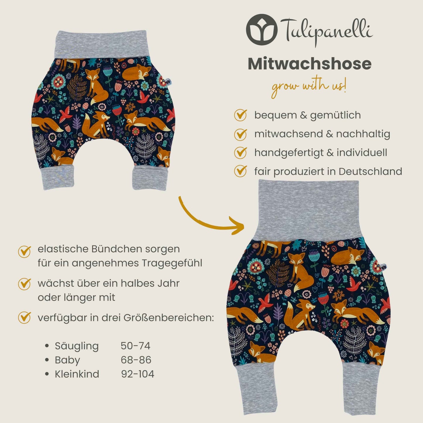 Growing Baby Baggy Trousers Made of Cotton Jersey - Handmade Growing Trousers Baby Trousers for Boys - Sizes 50-74 | 68-86 | 92-104 (Mini Rainbow Brown, 50-74)
