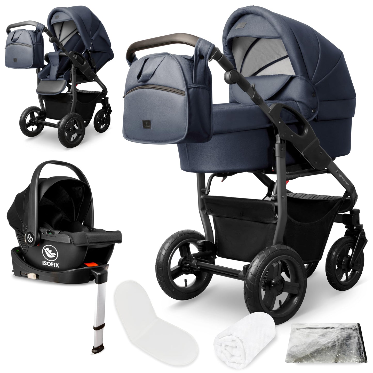 Bergsteiger Capri 3-in-1 Combination Pushchair - Baby Carrier, Sports Seat & i-Size Baby Seat, Pneumatic Tyres, Suspension, Height-Adjustable Handle, Foldable, Accessories