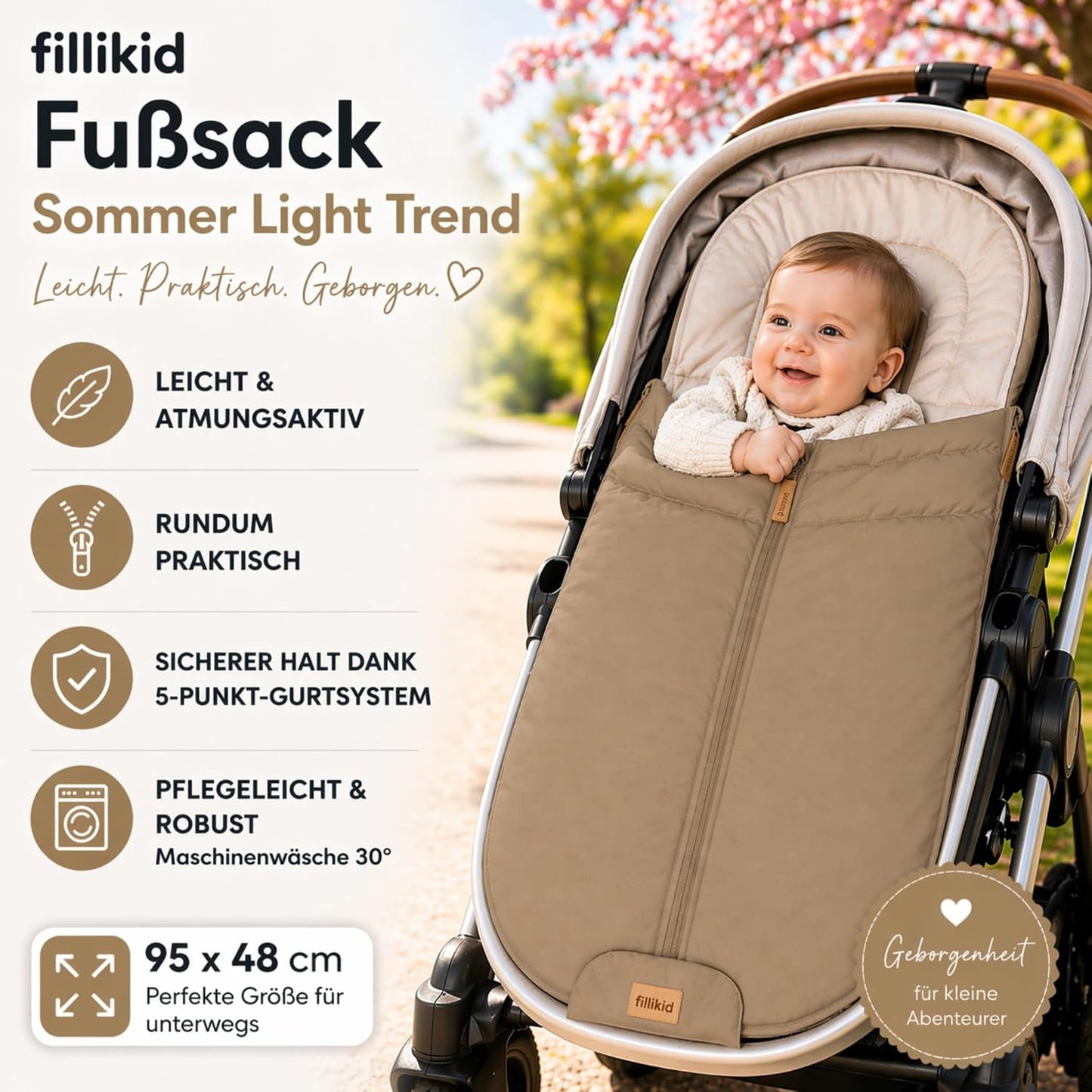 Babyfußsack Light Trend Exklusiv, 95x48cm | Leichter Sommer-Fußsack für Kinderwagen, Buggy & Sportwagen, Vorderteil abnehmbar, pflegeleicht