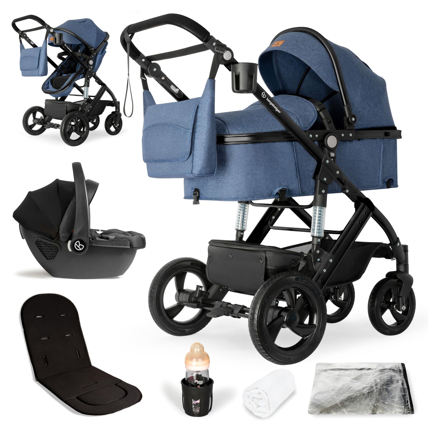 Bergsteiger Nizza 3 in 1 Kinderwagen, Kombikinderwagen Komplettset, Auto-Babyschale & Isofix Station, Babywanne & Buggy Sportsitz inklusive