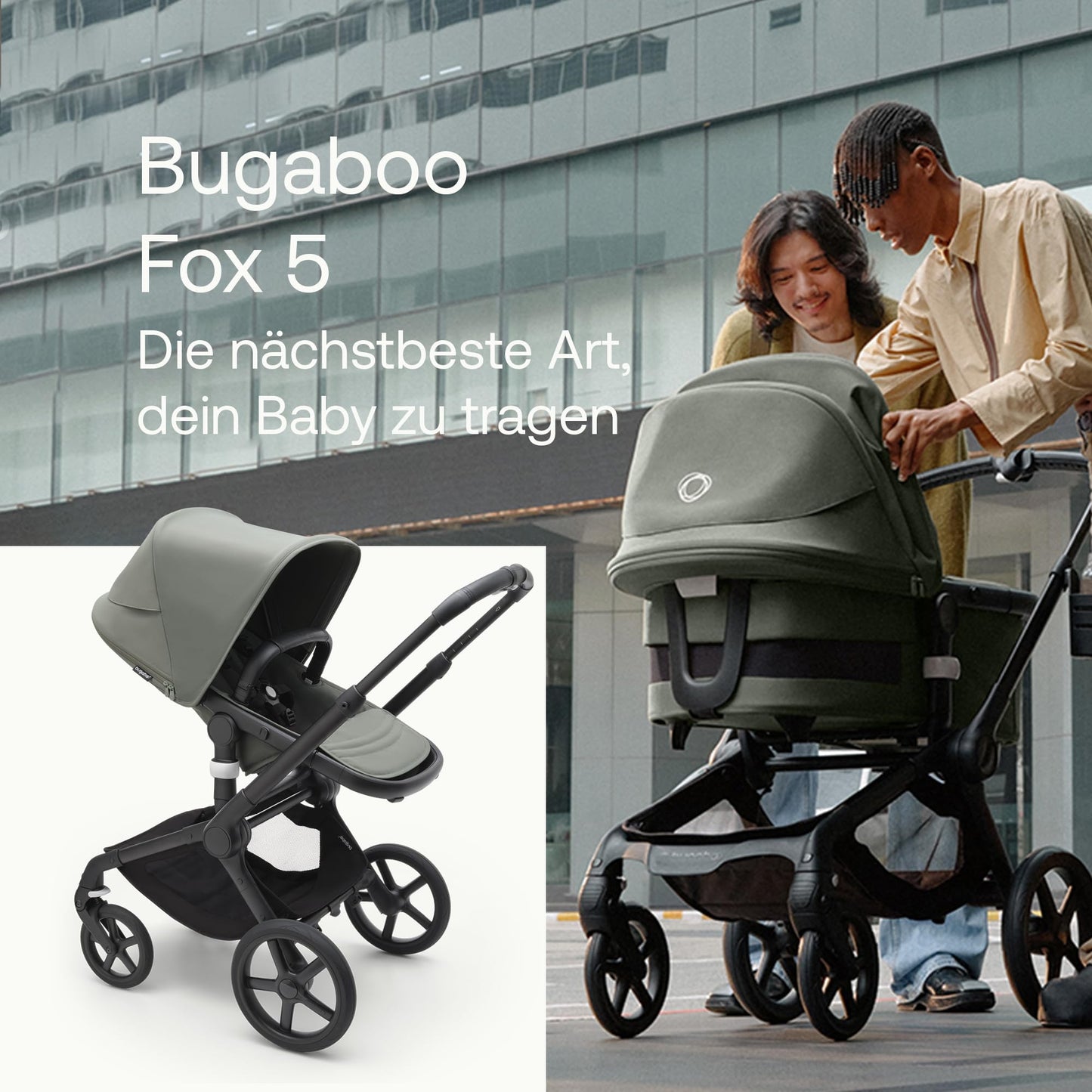 Bugaboo Fox 5, 2-in-1 Kinderwagen für jedes Gelände, mit Liegewanne und ausziehbarem Kleinkindsitz, einfach zu manövrieren und Ein-Hand Faltung, Fahrgestell in Schwarz und Sonnendach in Forest Green