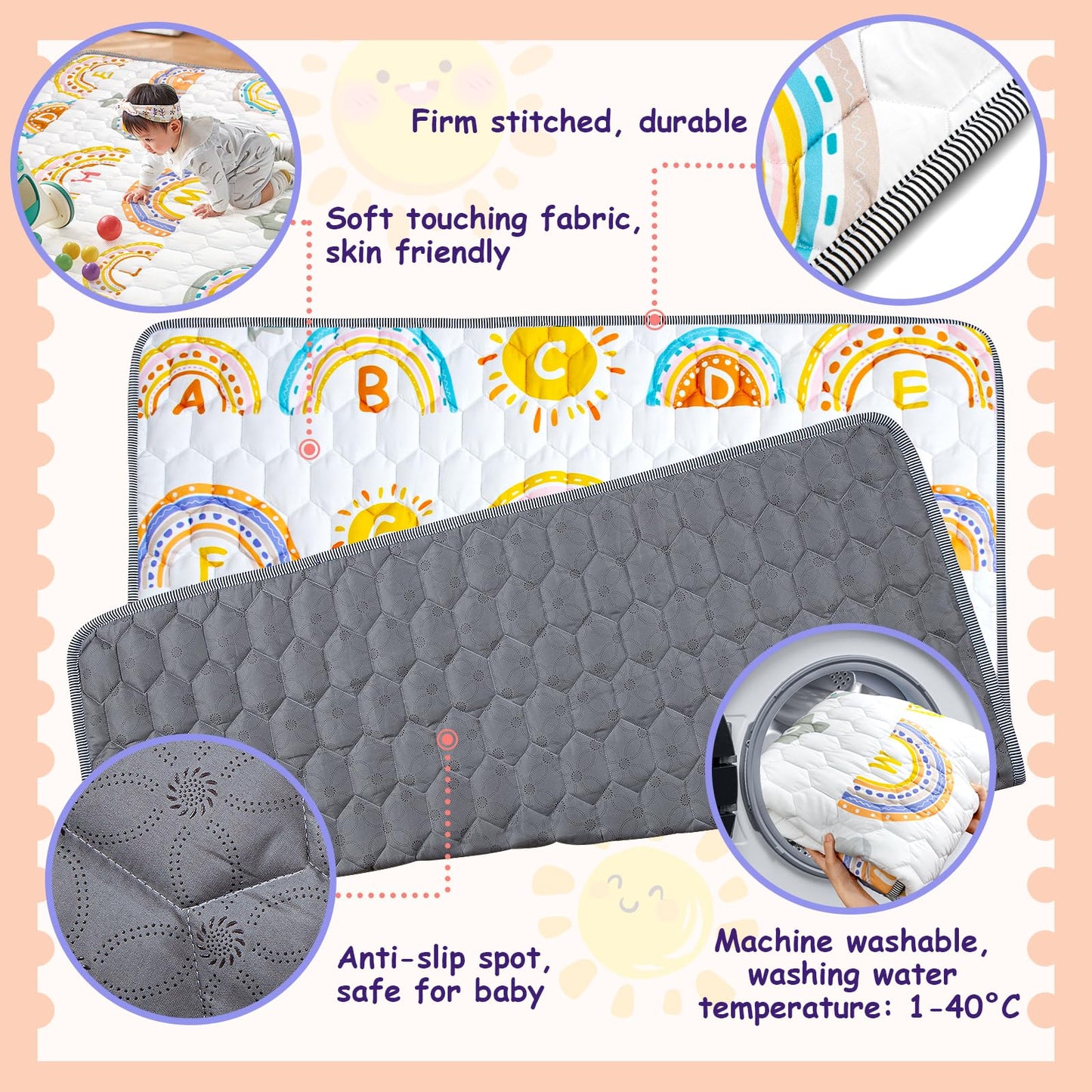 Funsland crawling carpet for babies, non-slip baby play mat, non-toxic 127x127cm, cotton animal crawling mat for babies, foldable with a height ruler, children's play mat for indoors/outdoors/fences 