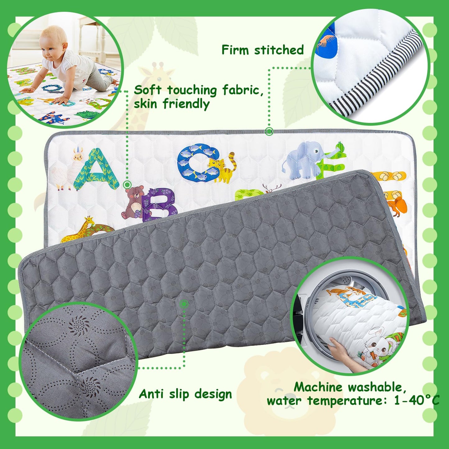 Funsland crawling carpet for babies, non-slip baby play mat, non-toxic 127x127cm, cotton animal crawling mat for babies, foldable with a height ruler, children's play mat for indoors/outdoors/fences 