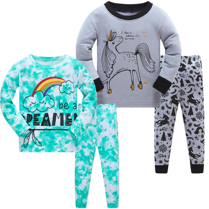 LOLPIP Mädchen Pyjamas 100% Baumwolle Schlafanzug für Kinder Schlafkleidung Langarm 4 Stück Set 1-12 Jahre