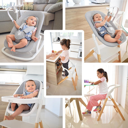 Baby Hochstuhl Set 5in1: multifunktional Alaia, Lernturm, Kinderstuhl - ab Geburt 0m+ - Faltbar und ergonomisch aus Buchenholz – Abnehmbare Tischplatte und Sicherheitsgurt