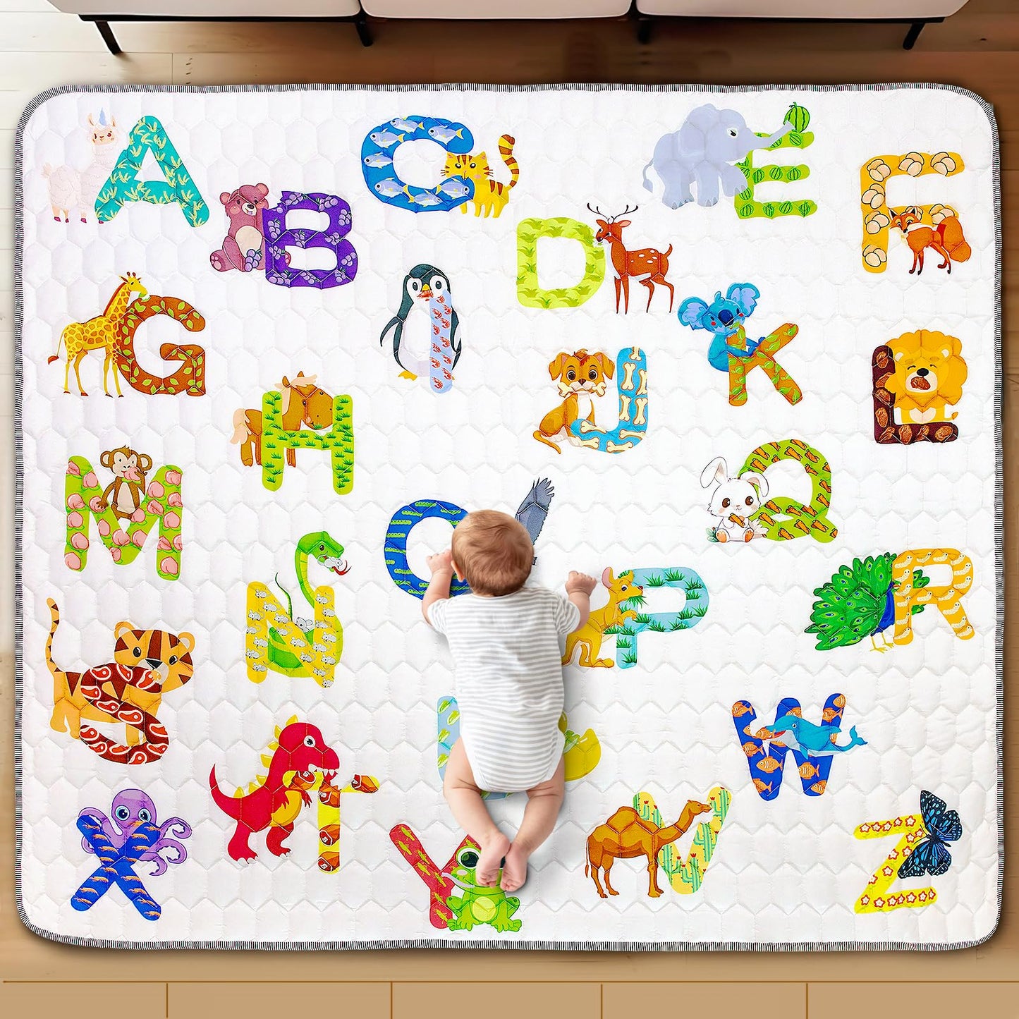 Funsland crawling carpet for babies, non-slip baby play mat, non-toxic 127x127cm, cotton animal crawling mat for babies, foldable with a height ruler, children's play mat for indoors/outdoors/fences 