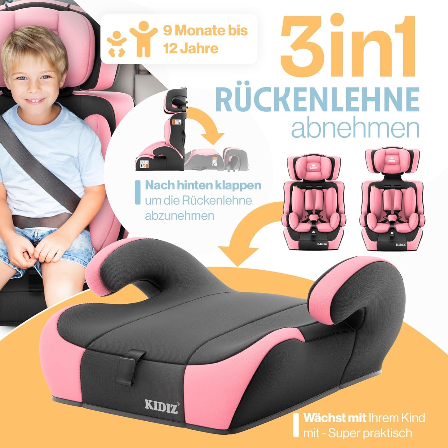 Autokindersitz mit Isofix i-Size R129 100-150cm bis 12 Jahre, Kinderautositz Gruppe 1/2/3, mitwachsender Kindersitz, 5-Punkt-Gurt & höhenverstellbare Kopfstütze, Sitzerhöhung Auto, Schwarz