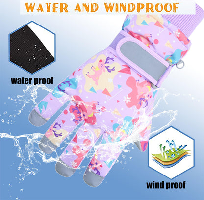 HNGEMSY Children's Winter Snow Gloves Ski Gloves for 2-13 Years Girls Boys PU Palm Waterproof Windproof Warm Fleece Winter Gloves
