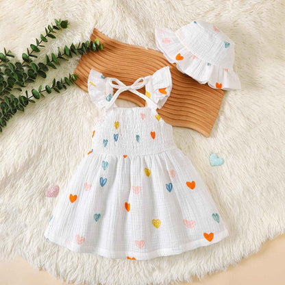 Kleinkind Baby Mädchen Sommer Kleid Outfit Rüschenärmel Herz/Blumenmuster Boho Kleider Niedliches Baby Sommerkleid mit Hut
