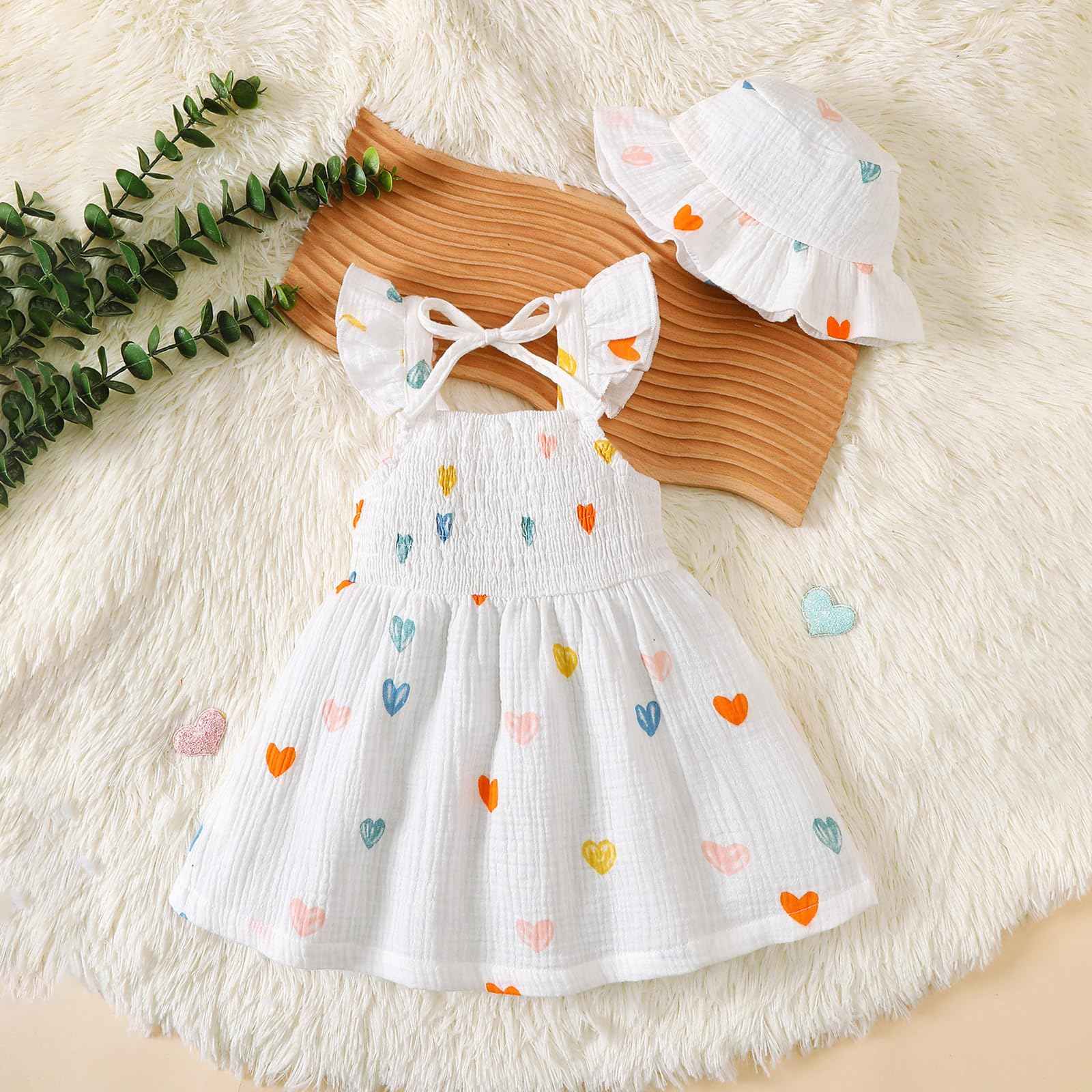 Kleinkind Baby Mädchen Sommer Kleid Outfit Rüschenärmel Herz/Blumenmuster Boho Kleider Niedliches Baby Sommerkleid mit Hut