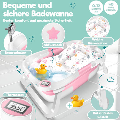 KIDIZ® Baby Bathtub, Baby Bathtub, Space-Saving & Foldable, Bath Tub, Shower Tray for Newborns, Toddlers, 0-24 Months, Portable Travel Shower for Babies, Ergonomic Bathtub with Thermostat and