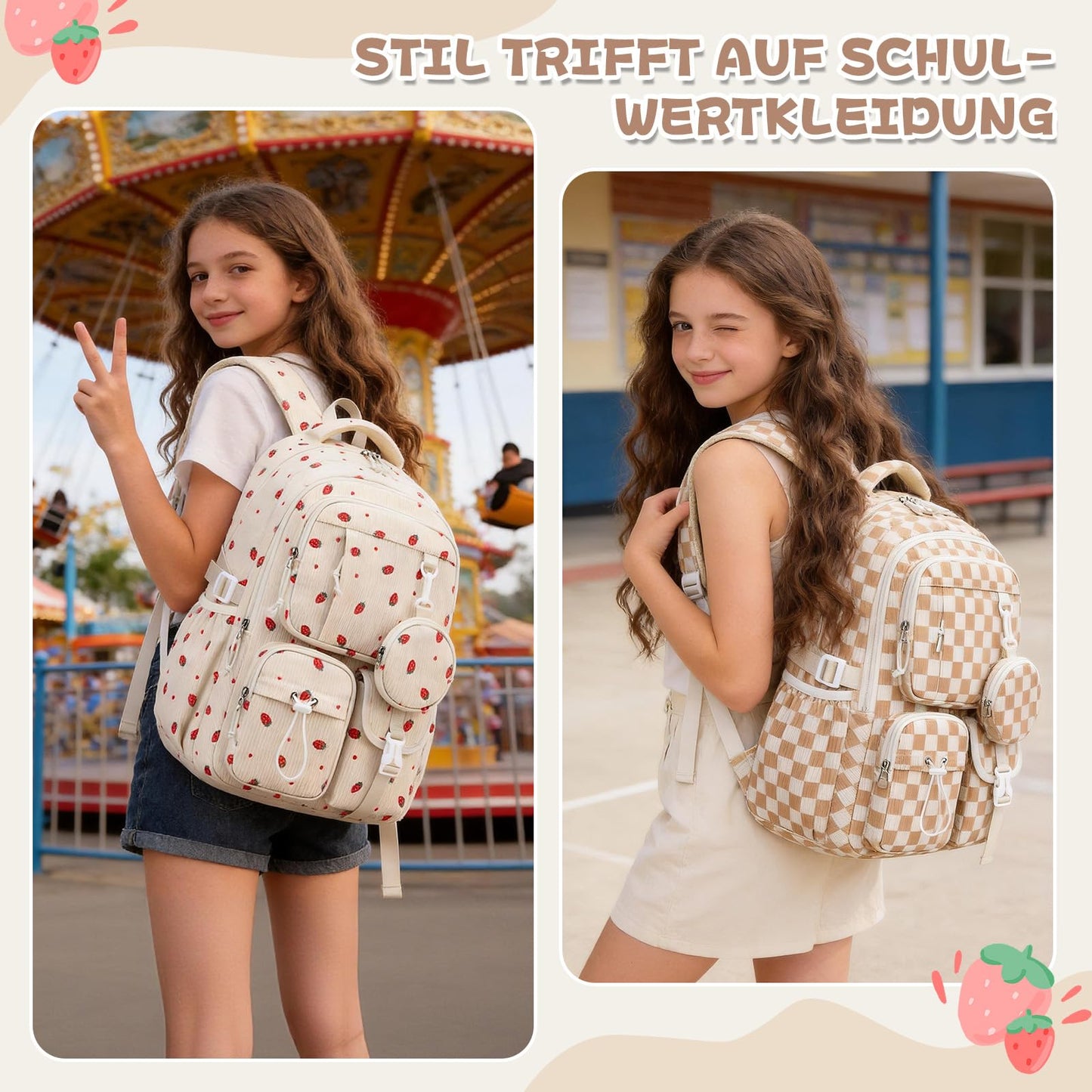 Schulrucksack Teenager Mädchen 22,9L mit Abnehmbarem Münzbeutel | Reflektierende Sicherheitsstreifen,S-förmige Wirbelsäulenstütze,Wasserfestes Gewebe,Wabenbelüfteter Rücken