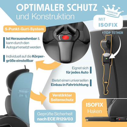 Autokindersitz mit Isofix i-Size R129 100-150cm bis 12 Jahre, Kinderautositz Gruppe 1/2/3, mitwachsender Kindersitz, 5-Punkt-Gurt & höhenverstellbare Kopfstütze, Sitzerhöhung Auto, Schwarz