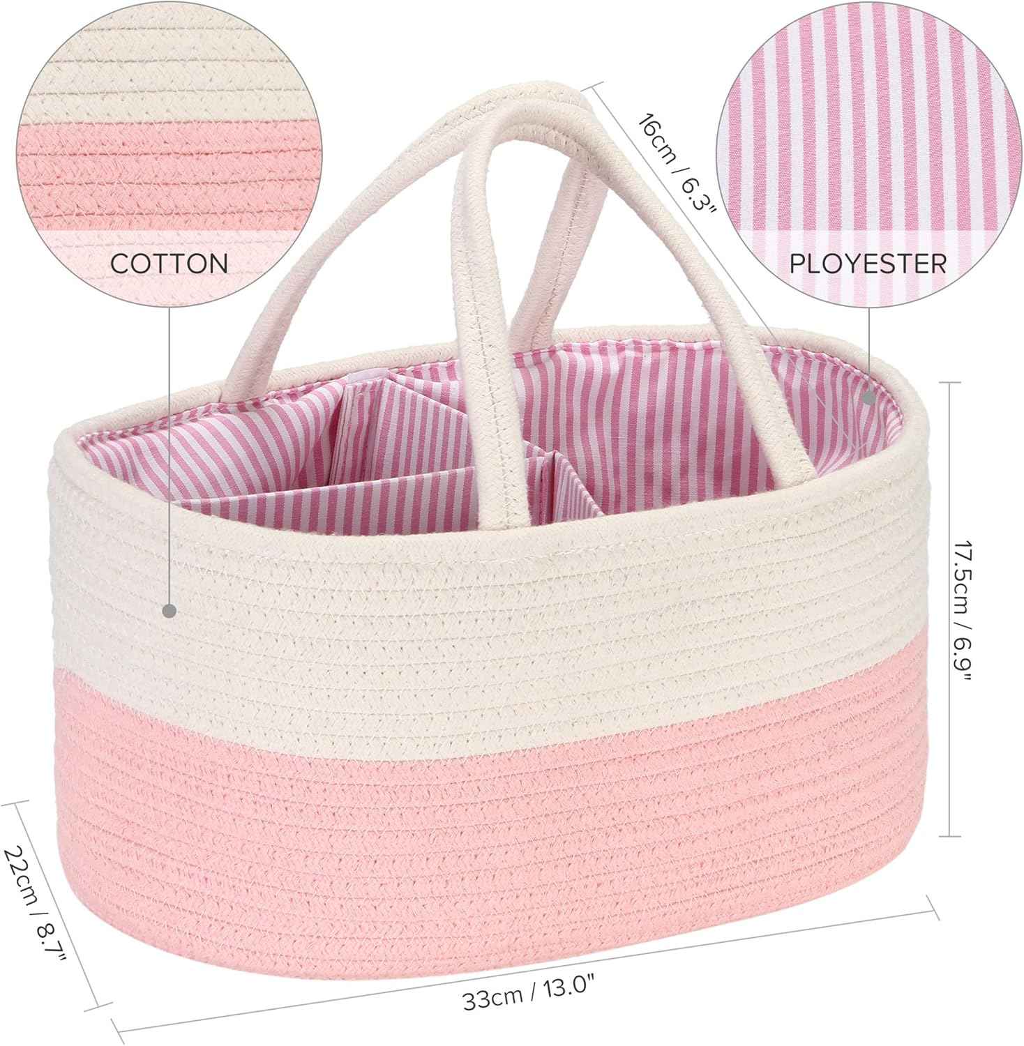 Hinwo Baby Nappy Caddy Triple Infant Nursery Shopping Bag Portable Car Organiser Newborn Shower Gift Basket Cotton Rope with Removable Divider for Nappies & Wipes