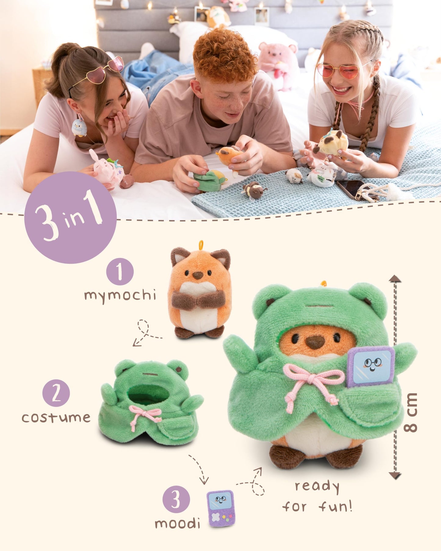 NICI MYMOCHI Kuscheltier Set - Kuscheltier Bär Nomo 8 cm mit Pommes und Bienenkostüm in Geschenkbox, Flauschiges Stofftier zum Kuscheln, Spielen und Liebhaben - 61142