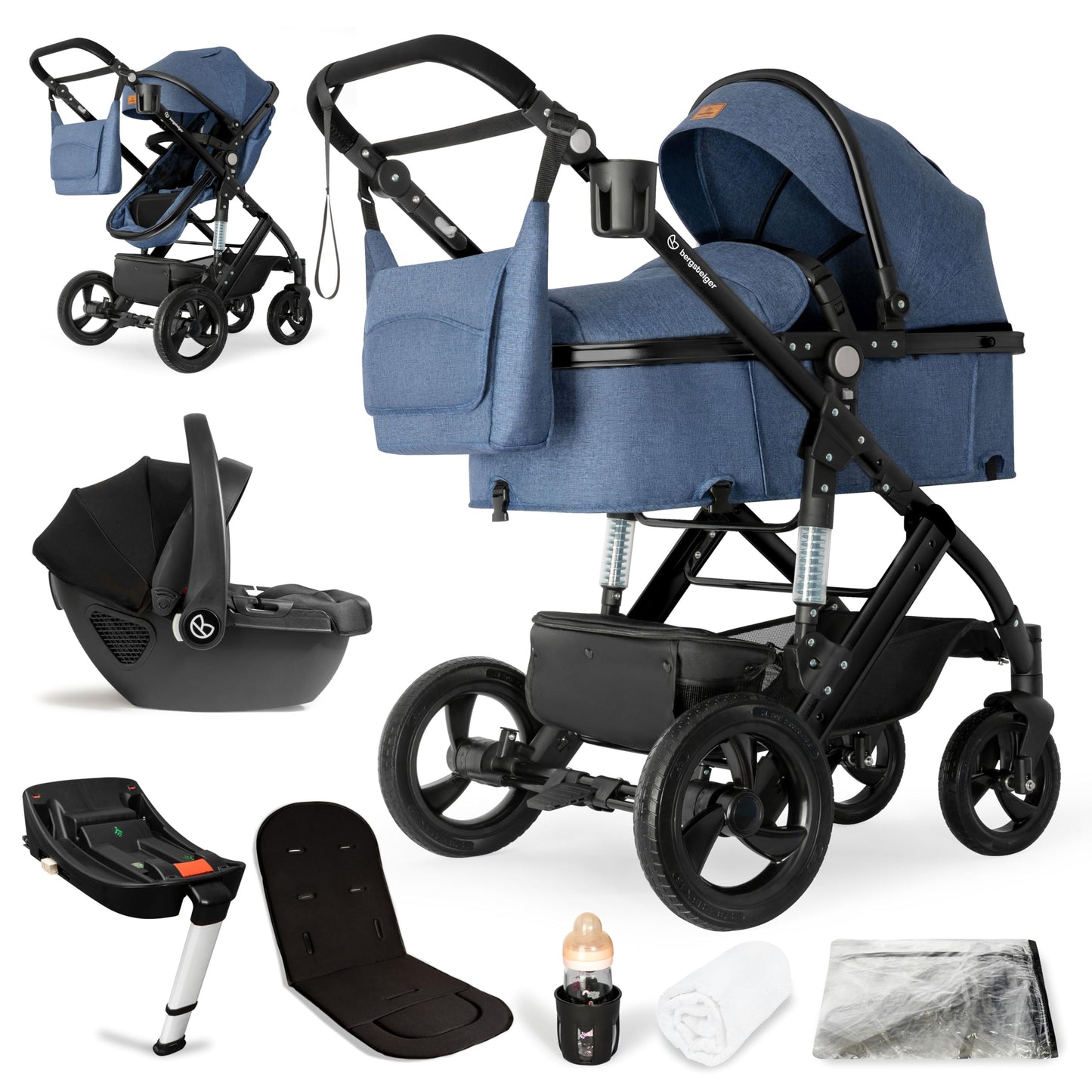 Bergsteiger Nizza 3 in 1 Kinderwagen, Kombikinderwagen Komplettset, Auto-Babyschale & Isofix Station, Babywanne & Buggy Sportsitz inklusive