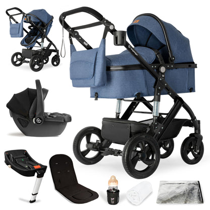 Bergsteiger Nizza 3 in 1 Kinderwagen, Kombikinderwagen Komplettset, Auto-Babyschale & Isofix Station, Babywanne & Buggy Sportsitz inklusive