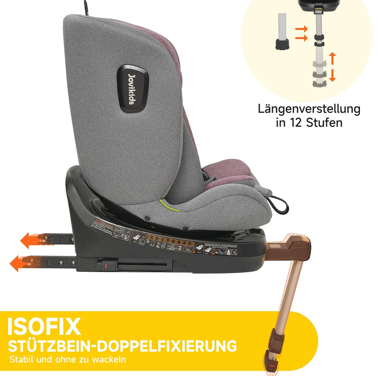 Jovikids 360° Drehbar Kindersitz mit ISOFIX, i-Size 40-150cm(ab Geburt -12 Jahre) Baby Autositz Reboarder mit Liegefunktion & Abnehmbar Vordach, ECE R129 (Rosa) - Meloni2