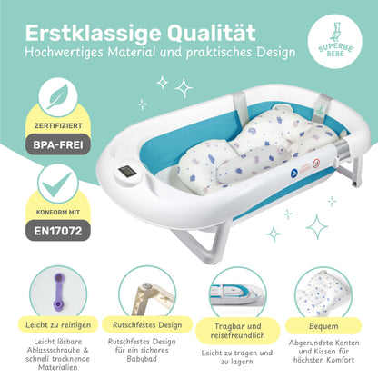 Faltbar Baby Badewanne Mit Rutschfestem Badekissen - Babywanne XXL Mit Baby Badewannensitz & Badethermometer - Von Der Geburt Bis 3 Jahre - Baby Bathtub - Geburtsgeschenke Für Mädchen & Jungen