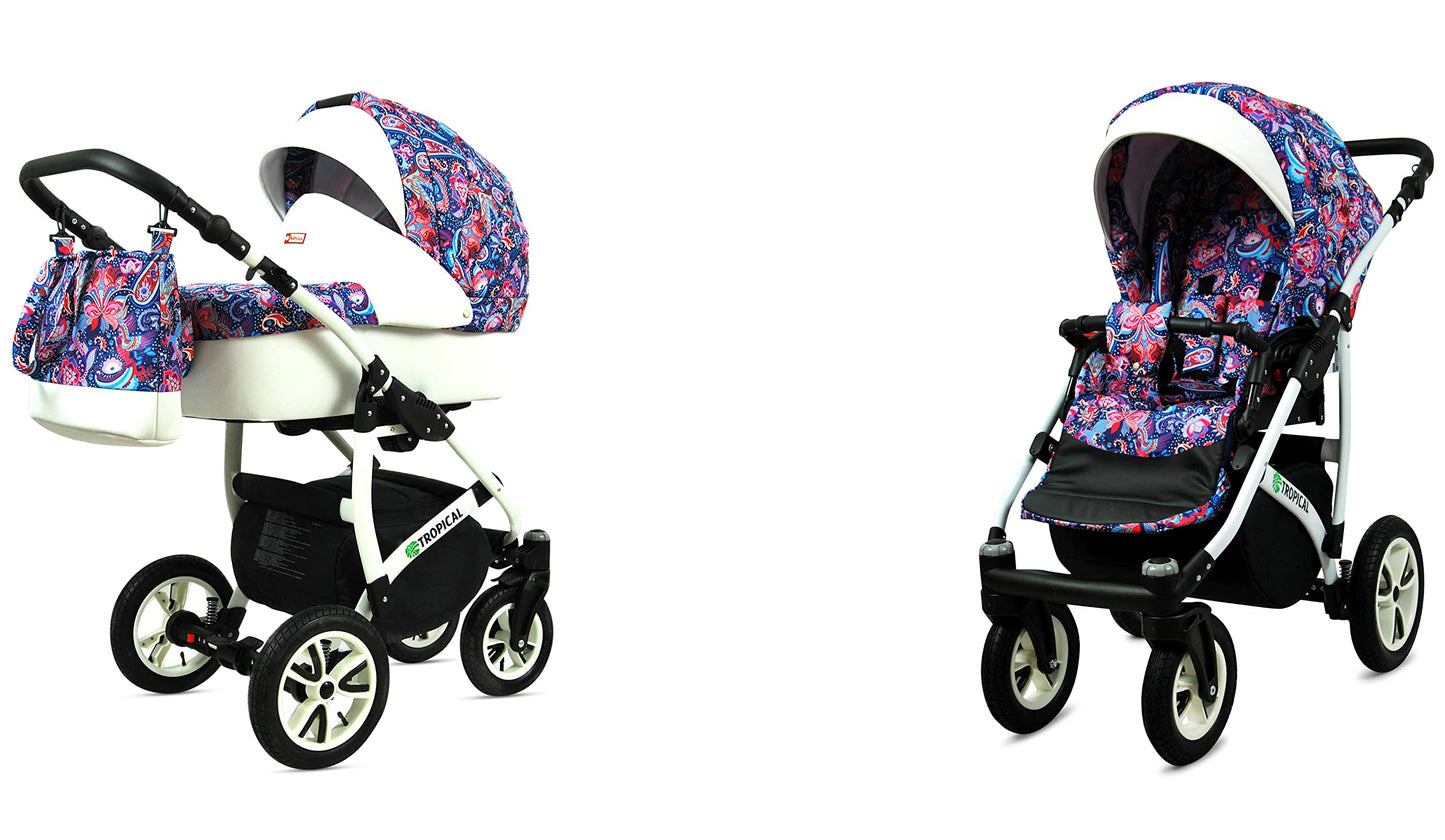 BabyLux® Bambimo Pushchair Set 3 in 1 - Tropical - incl. Baby Carrycot, Buggy Sports Seat, Car Seat - Pram Set - Combination Pram with Changing Bag, Rain Cover etc.