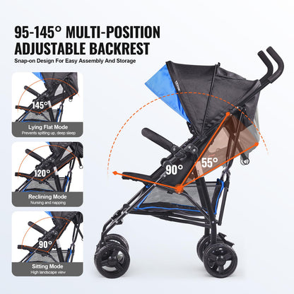 VEVOR Leichter Kinderwagen, kompakt, einfach zusammenklappbar, mit verstellbarer Rückenlehne, Rahmen aus Karbonstahl, großer Aufbewahrungskorb, Kinderwagen mit Schirm für Reisen und mehr, Schwarz/Pink - Meloni2
