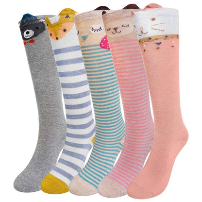 LOFIR Girls' Knee Socks Children's Socks: Overknee Stockings Long Striped Children's Socks Animal Cotton Socks Colourful Striped Socks Funny Without Seam Knee Socks Gift 2-12 Years 23-38 5 Pairs