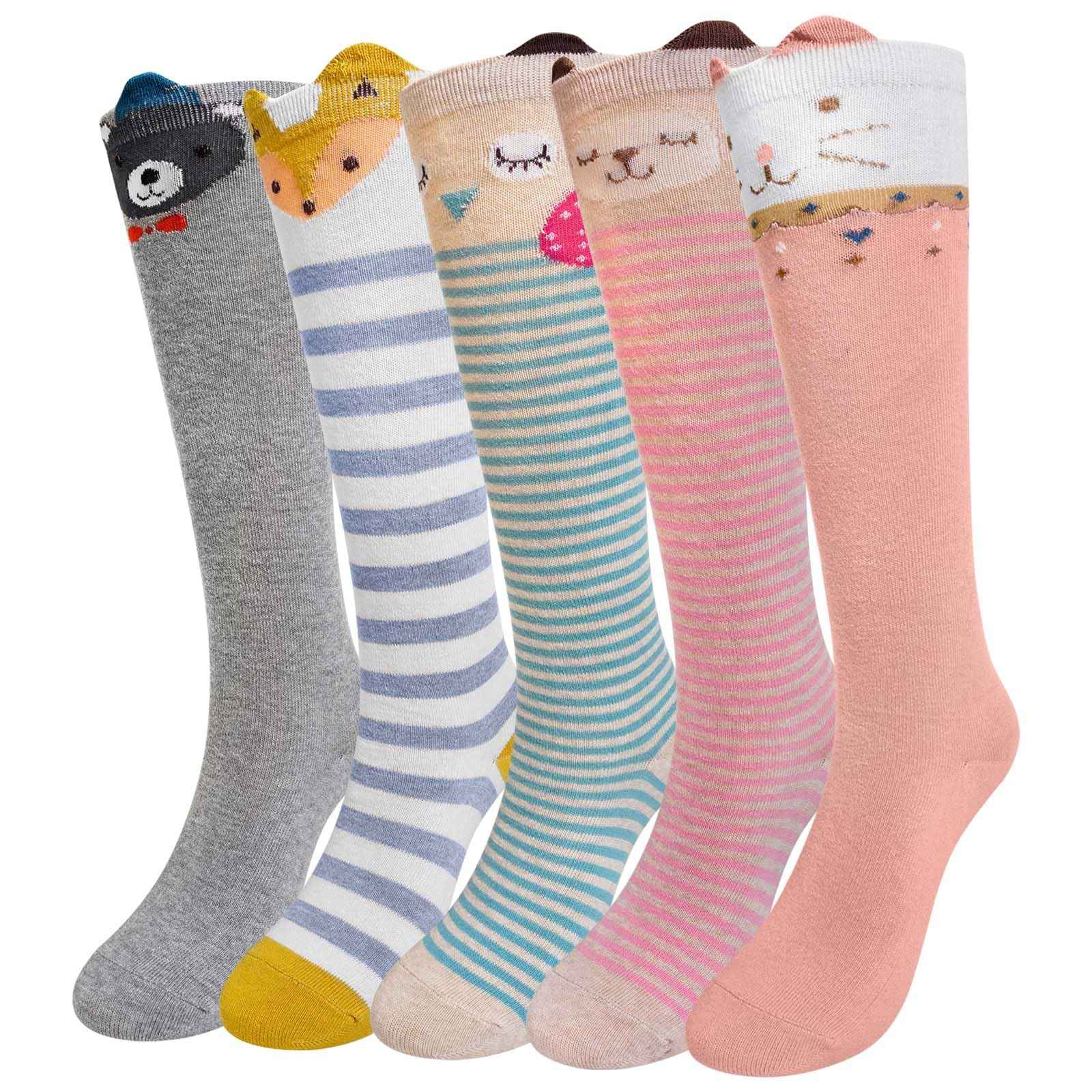 LOFIR Girls' Knee Socks Children's Socks: Overknee Stockings Long Striped Children's Socks Animal Cotton Socks Colourful Striped Socks Funny Without Seam Knee Socks Gift 2-12 Years 23-38 5 Pairs