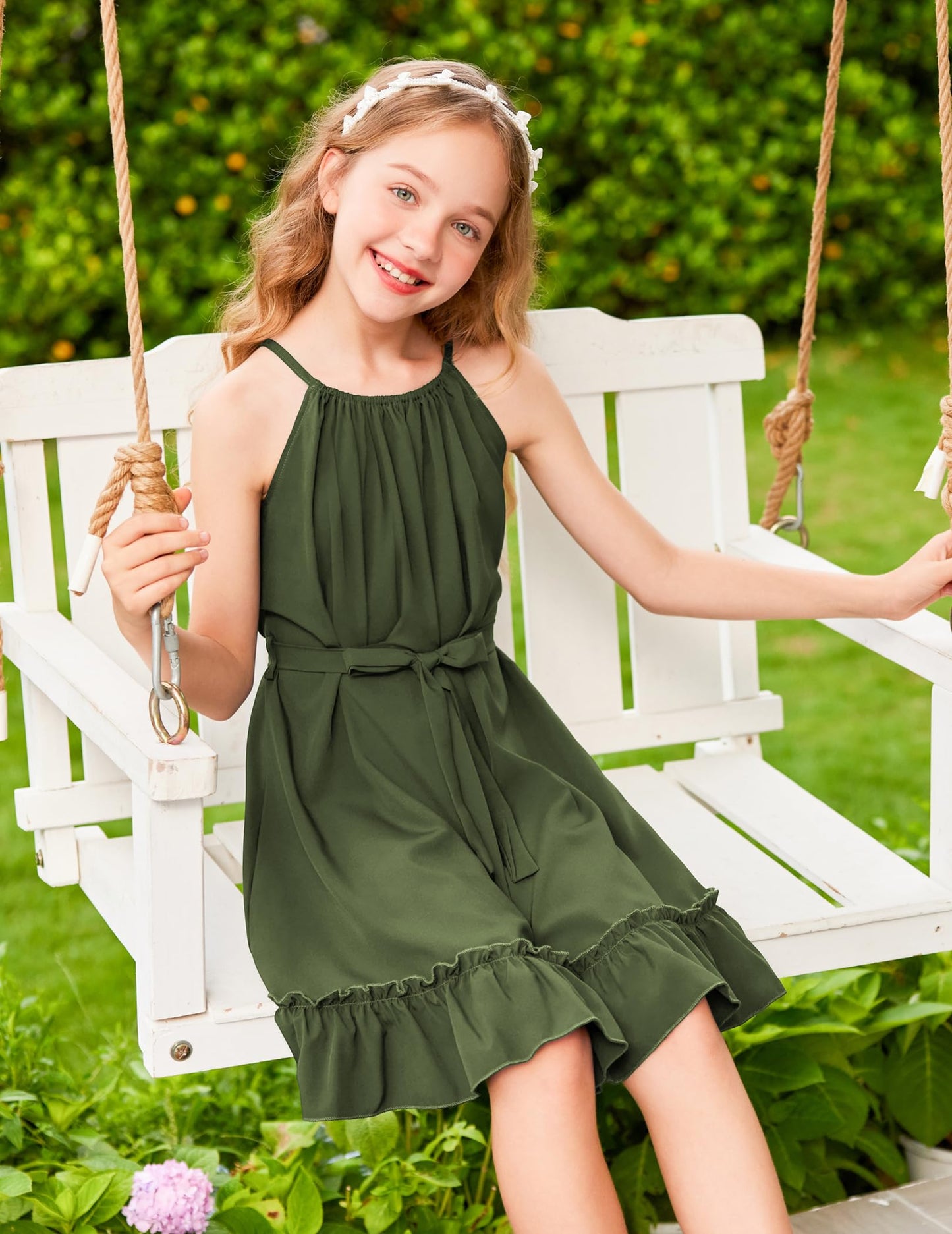 Arshiner Mädchen Kleid Neckholder Sommerkleid Rüschensaum Midikleid A-Linie Kinderkleid Swing Partykleider Abendkleid Kinder Festliche Kleider Freizeitkleid mit Gürtel 6-14 Jahre