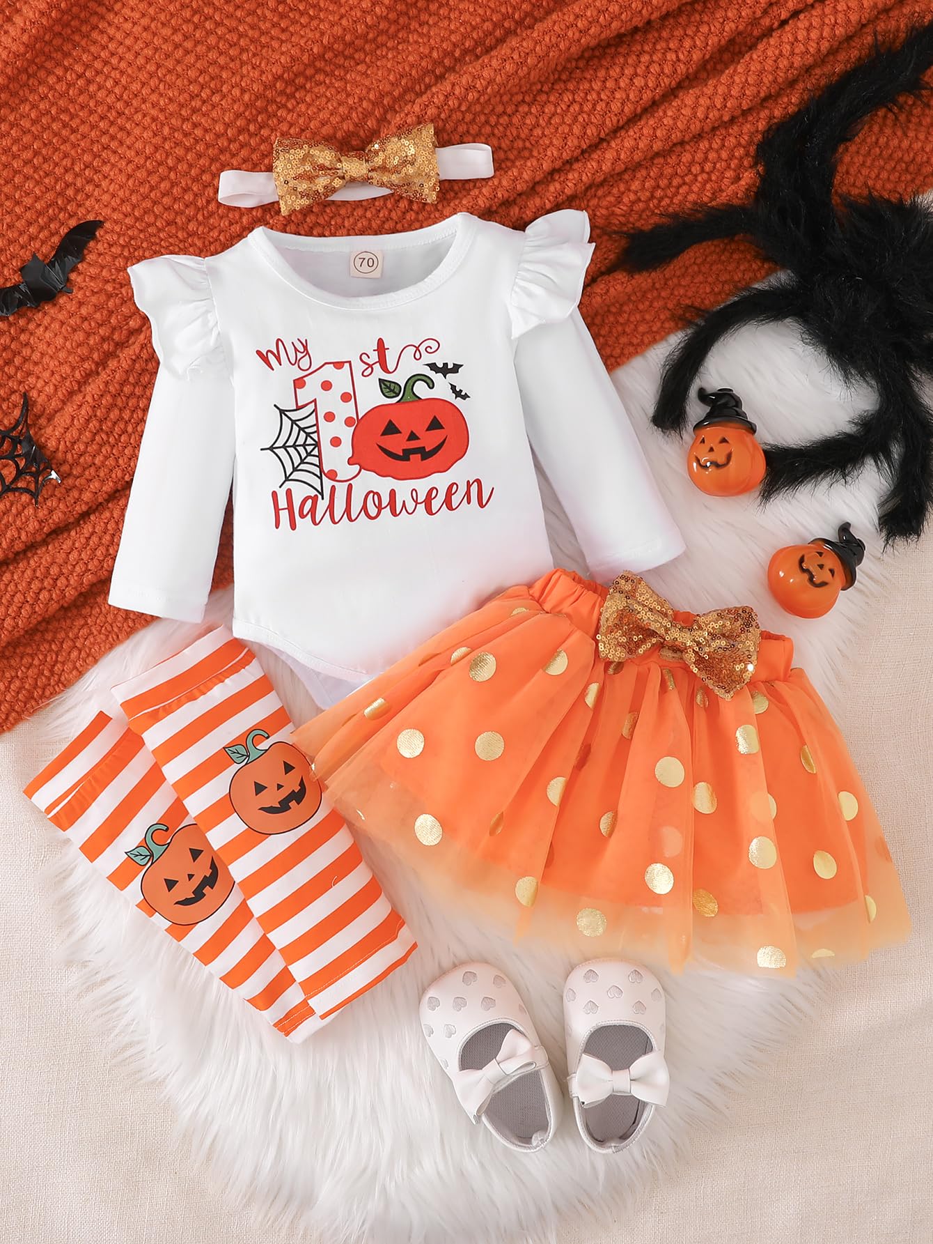 Baby Girl Halloween Outfit, My First Halloween Baby Girl Clothing, Halloween Outfit Baby, Newborn Halloween Baby Pumpkin Romper + Tutu Skirt + Leg Warmer + Headband, Baby Clothing Halloween