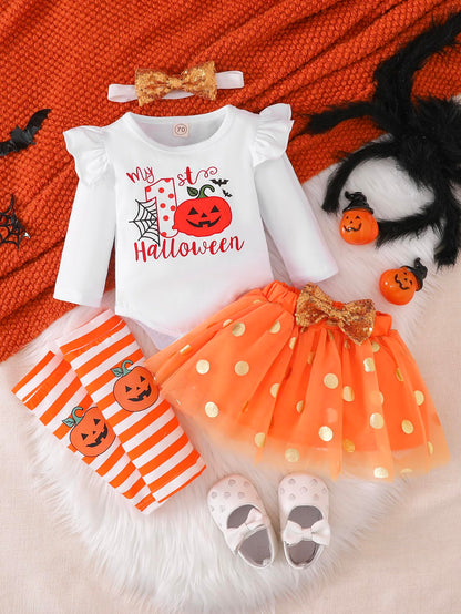 Baby Girl Halloween Outfit, My First Halloween Baby Girl Clothing, Halloween Outfit Baby, Newborn Halloween Baby Pumpkin Romper + Tutu Skirt + Leg Warmer + Headband, Baby Clothing Halloween