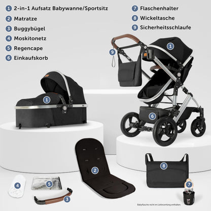 Bergsteiger Nizza 3 in 1 Kinderwagen, Kombikinderwagen Komplettset, Auto-Babyschale & Isofix Station, Babywanne & Buggy Sportsitz inklusive