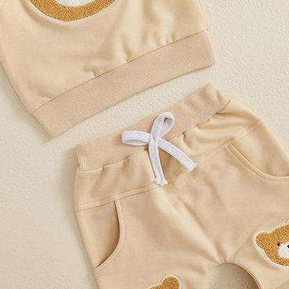 Carolilly Baby Suit 2-Piece Clothing Outfit Baby Clothing Set Cute Long Sleeve Sweatshirt Embroidered Bear + Long Trousers Warm Children's Suit Autumn Spring