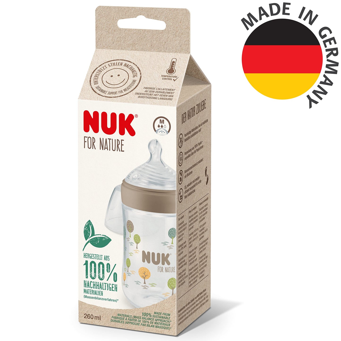 NUK for Nature Babyflaschen | mittelgroßer Trinksauger | 260 ml | Der Mutterbrust nachempfundener Anti-Colic Trinksauger ( Silikon) | Temperature Control | Nachhaltige Materialien | Grün