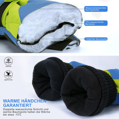 ThxToms Children's Ski Gloves, Winter Snow Ski Gloves, -15°C, Windproof, Waterproof, Warm, PU Thickened Cold Weather, Outdoor Sports, Snowboarding, Skiing, Bike, for Boys and Girls aged 3-13 Years Old