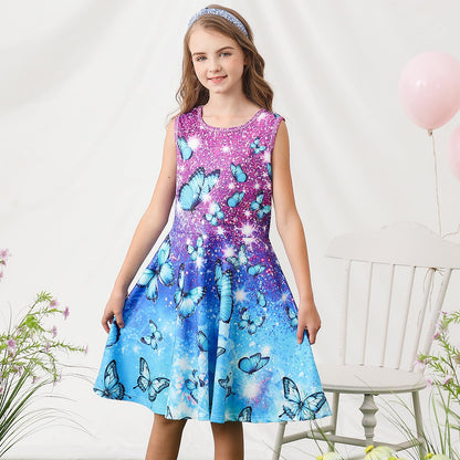 kids4ever Mädchen Kleid Ärmellos Sommerkleid Rundhals A-Linie Swing Kleid Meerjungfrau Galaxie Prinzessin Party Geburtstag 4-12 Jahre